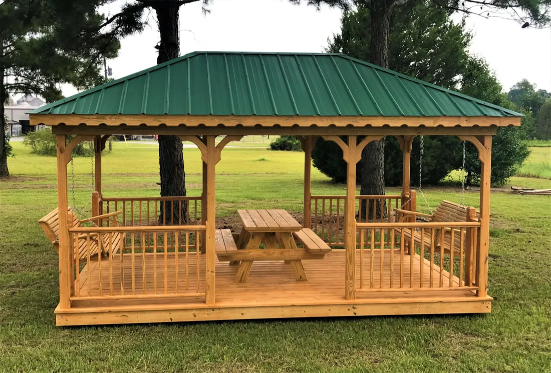 10x16 rectangular gazebo with picnic table and swings