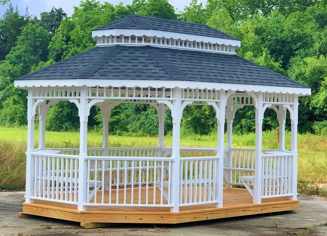 12x18 oval gazebo with painted double roof, shingles, and benches